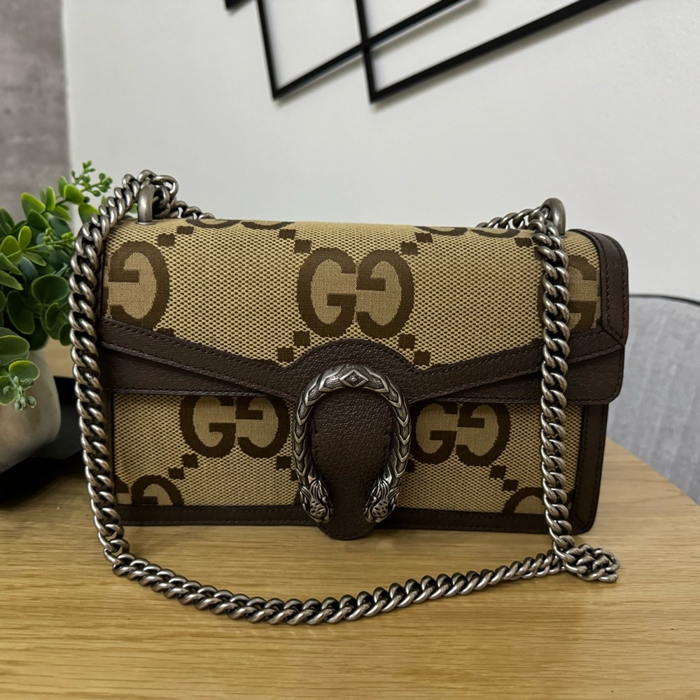 Gucci Brown Crossbody Bag with Chain Strap and Tiger Head Closure